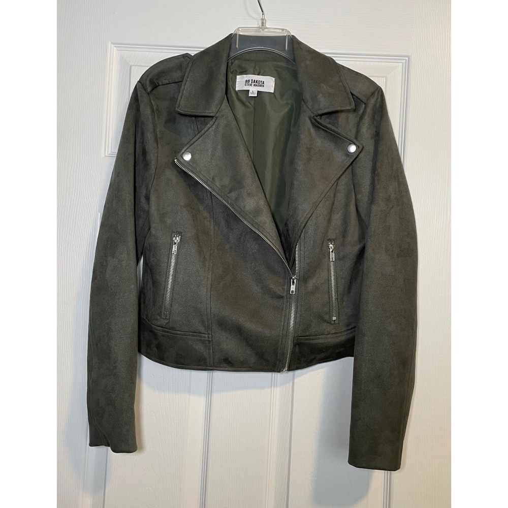 BB Dakota Steve Madden Olive Moto Jacket Women Large Faux Suede